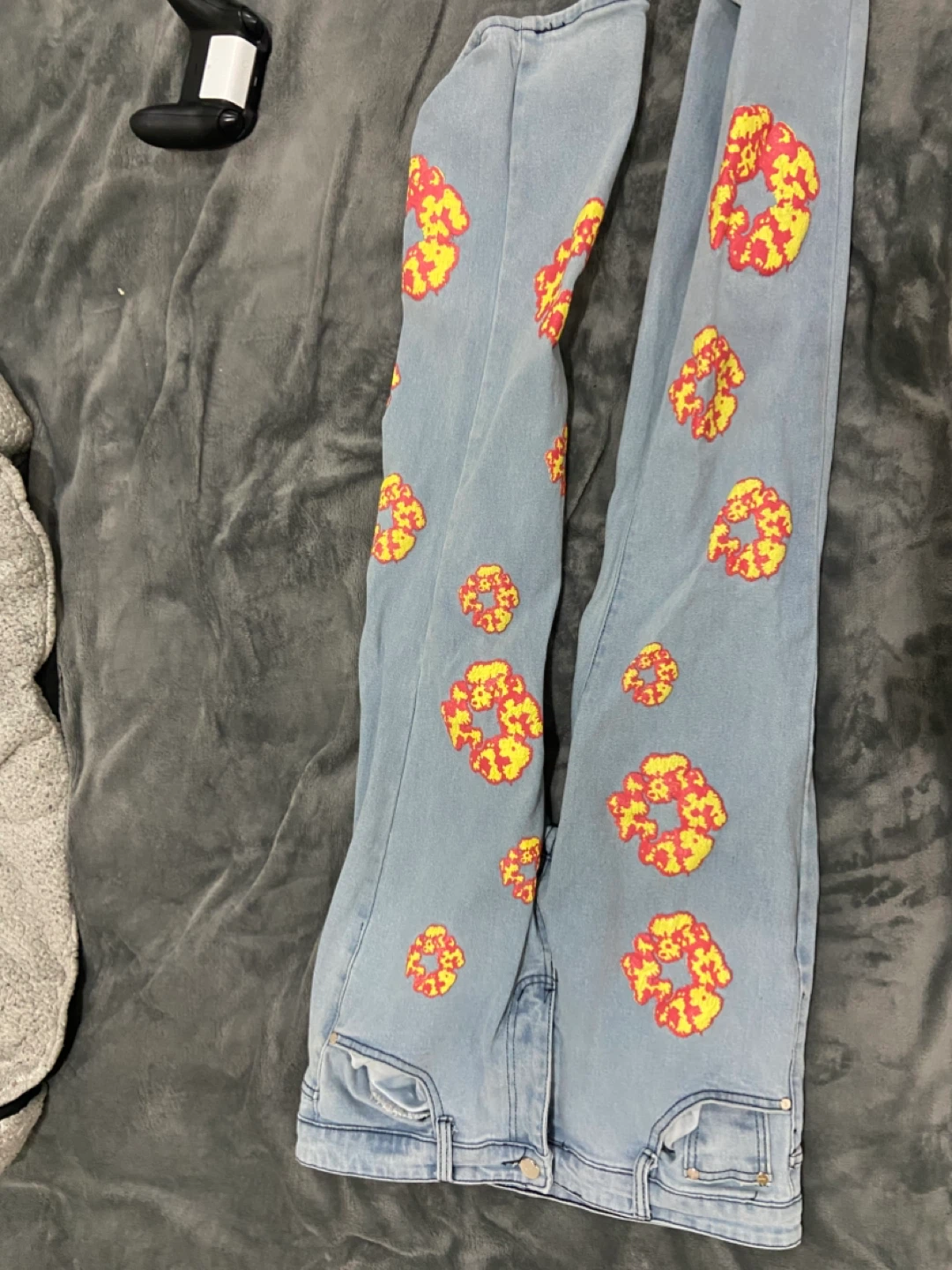 Light Wash Denim Jeans with Floral Print
