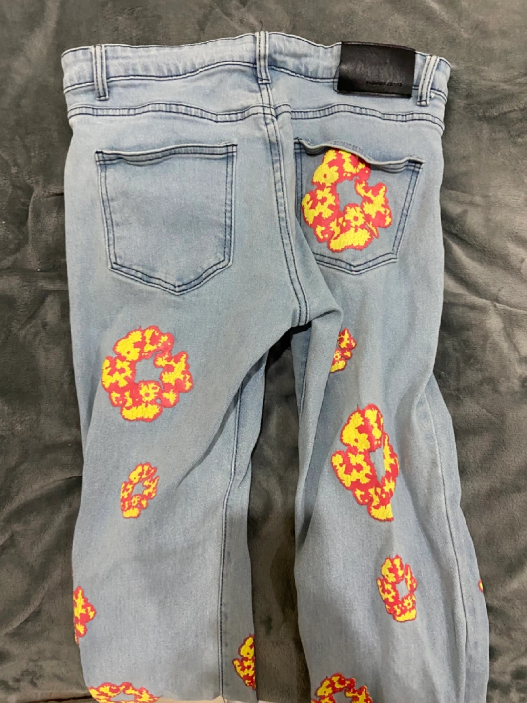 Light Wash Denim Jeans with Floral Print - photo 2