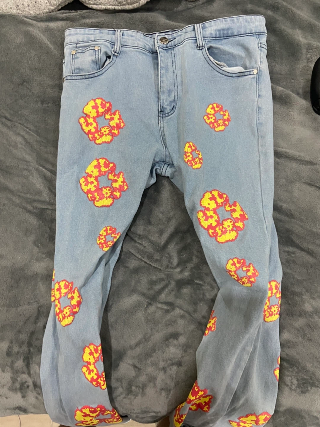 Light Wash Denim Jeans with Floral Print - photo 3