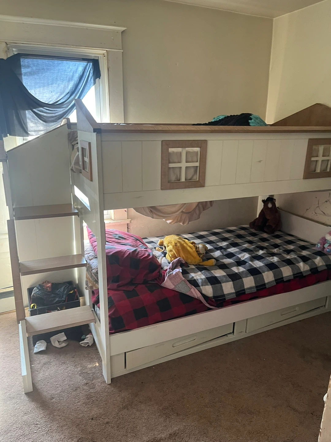 White and Wood Bunk Bed with Drawers