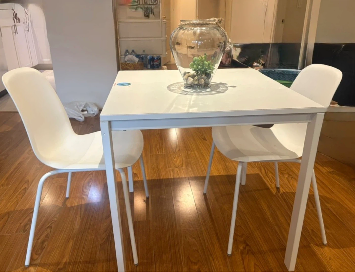 IKEA white square dining table with 2 chairs