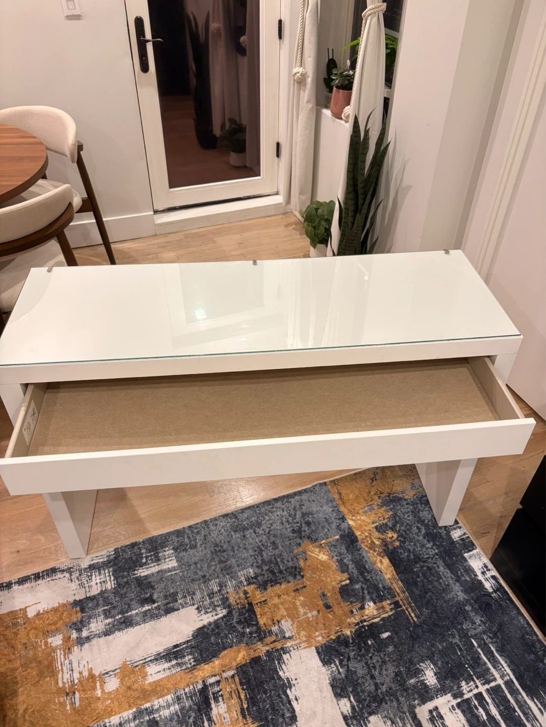 IKEA White Table with Glass Top and Drawer