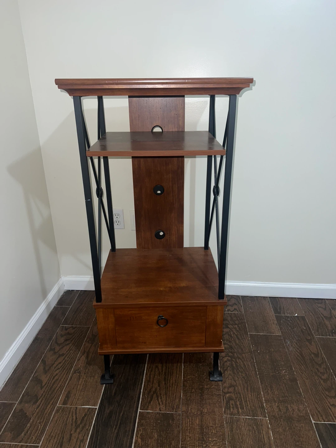 Wooden and Metal TV Stand with Shelves and Drawer