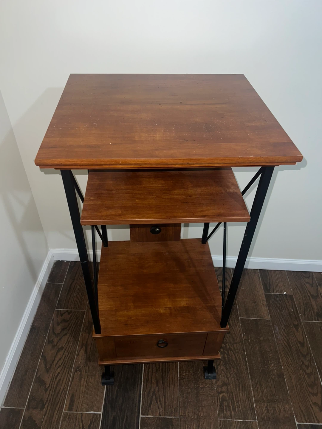 Wooden and Metal TV Stand with Shelves and Drawer - photo 2