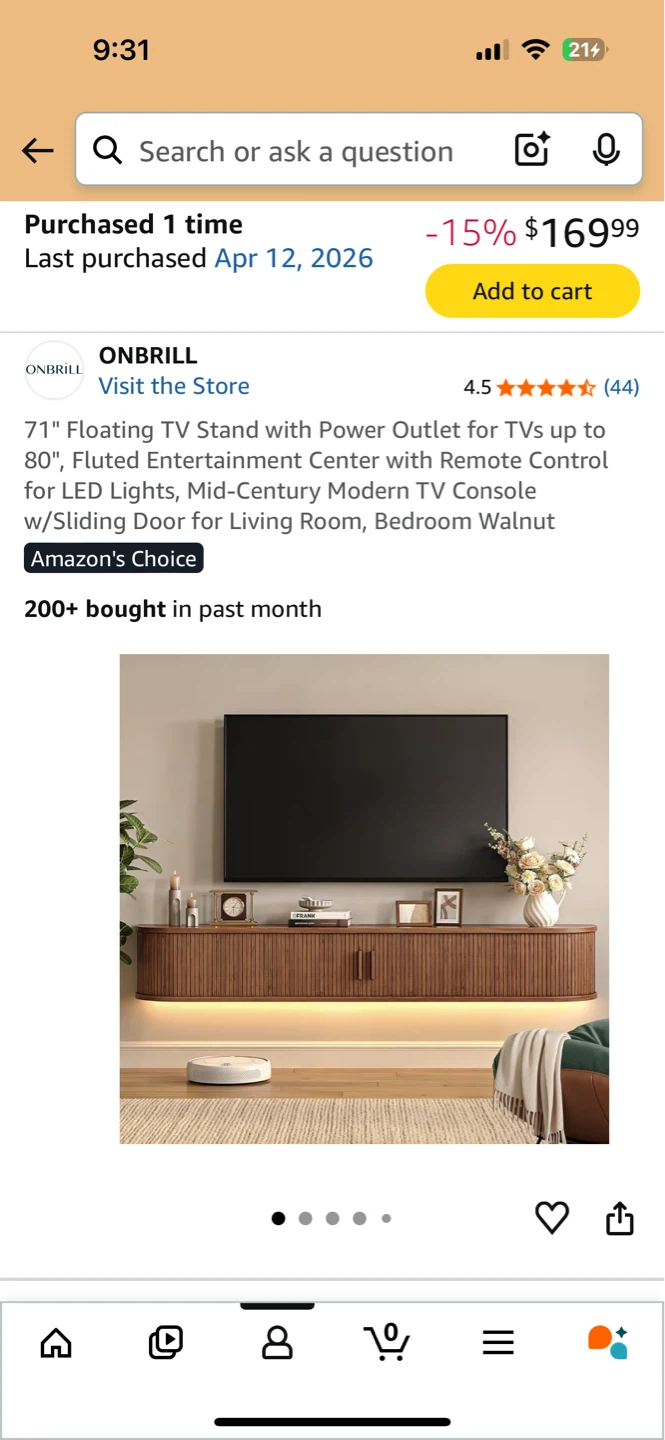 BRAND NEW! ONBRILL 71" Floating TV Stand - Bedroom Walnut - photo 2