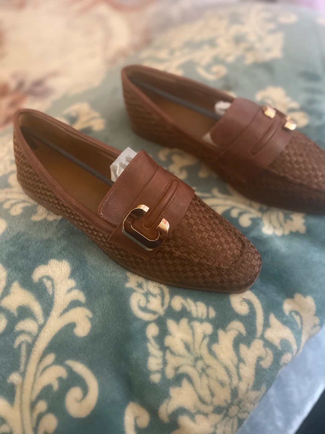 Brown Woven Loafers with Gold Buckle - Size 7