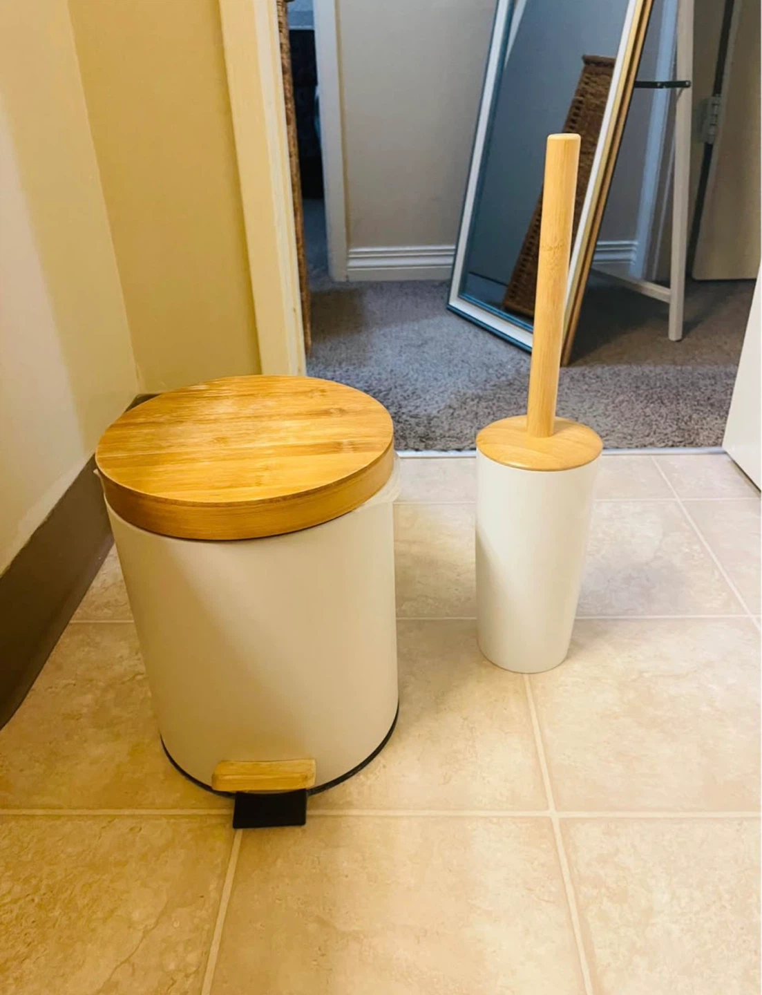 Bathroom Trash Can and Toilet Brush Set with Bamboo Lids