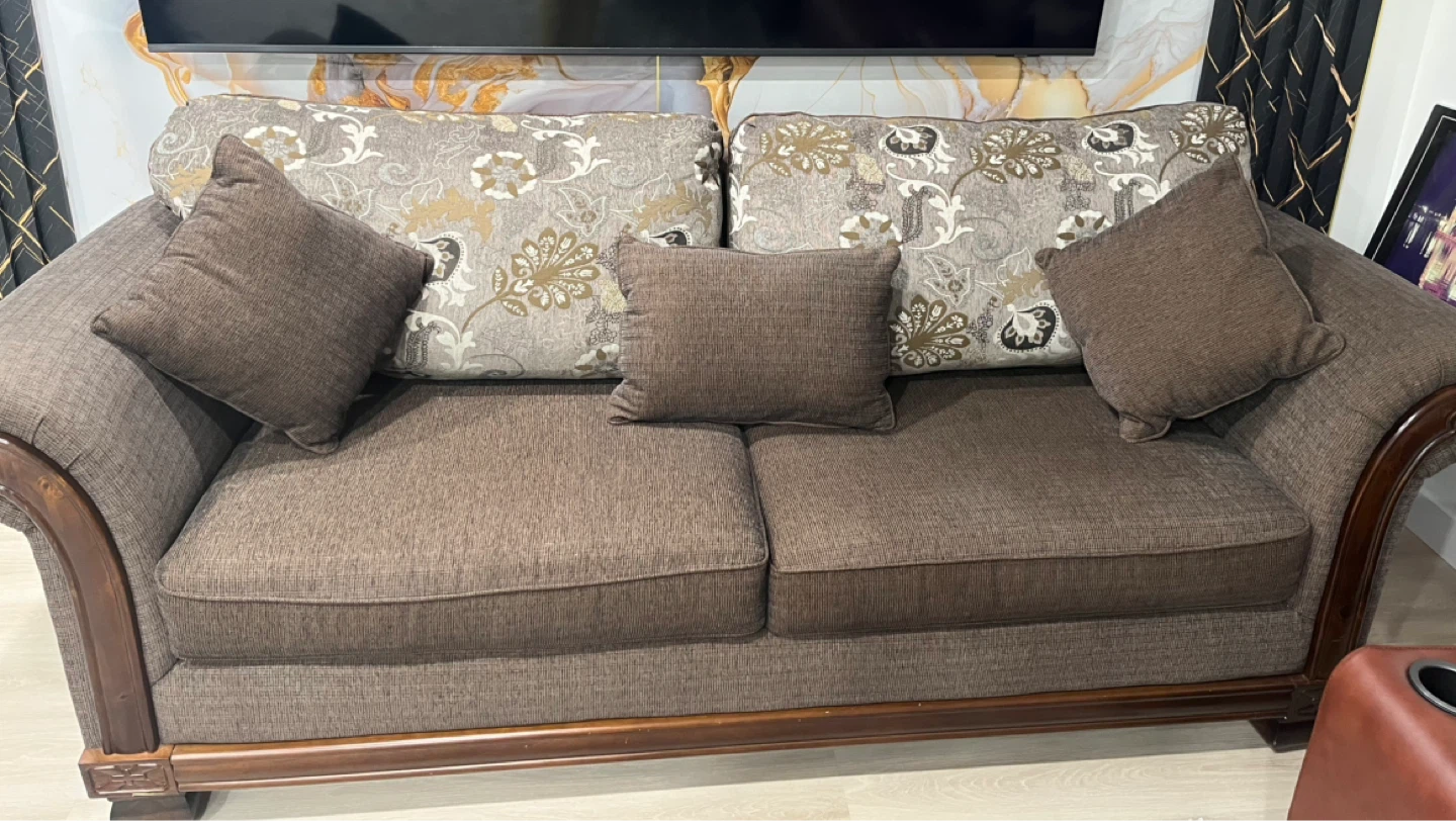 Brown Floral Sofa with Accent Pillows