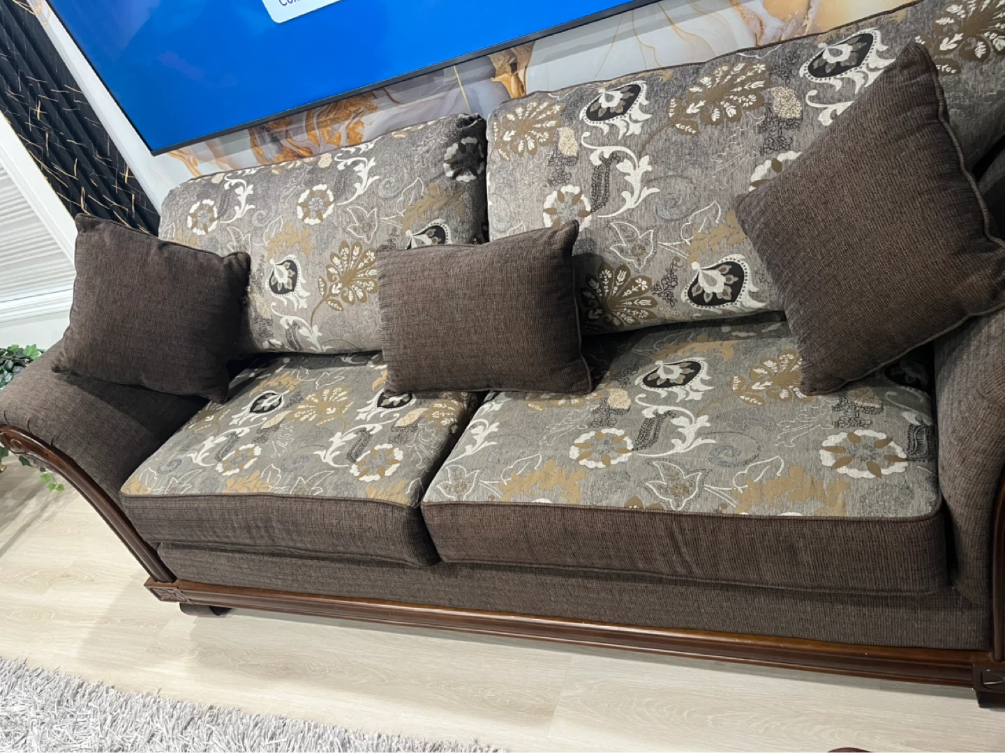 Brown Floral Sofa with Accent Pillows - photo 2
