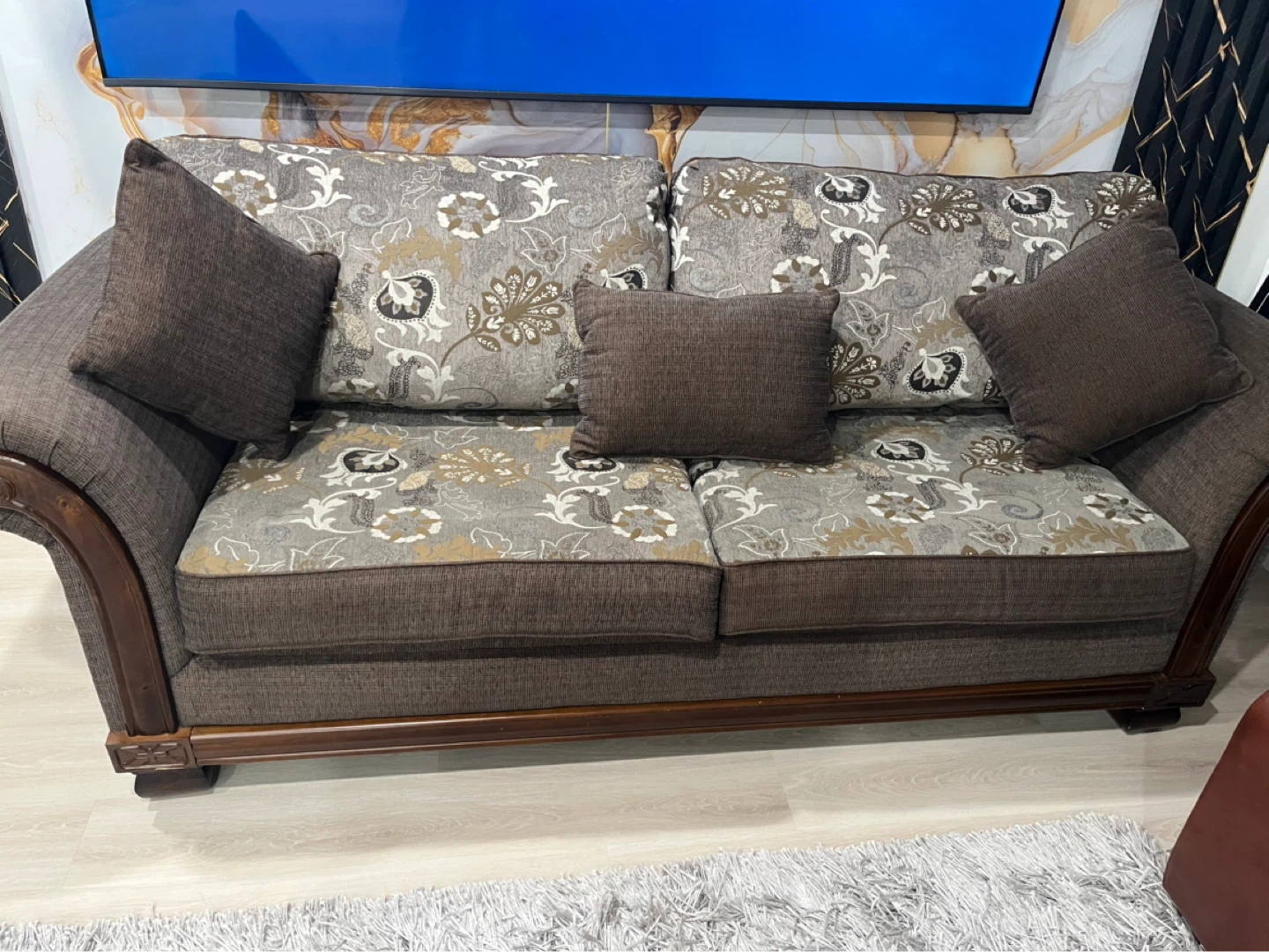 Brown Floral Sofa with Accent Pillows - photo 3