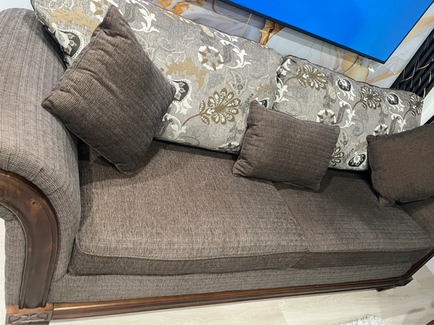 Brown Floral Sofa with Accent Pillows - photo 4