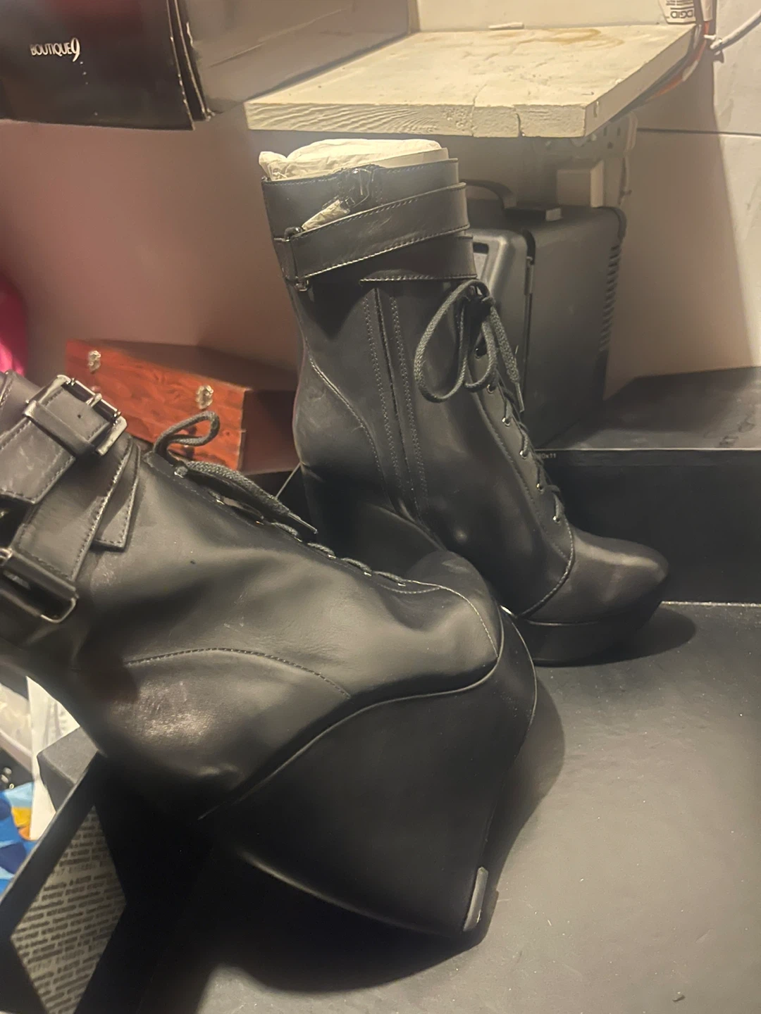 Black Leather Wedge Lace-Up Boots - photo 2