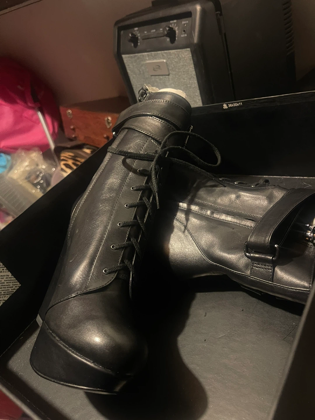 Black Leather Wedge Lace-Up Boots