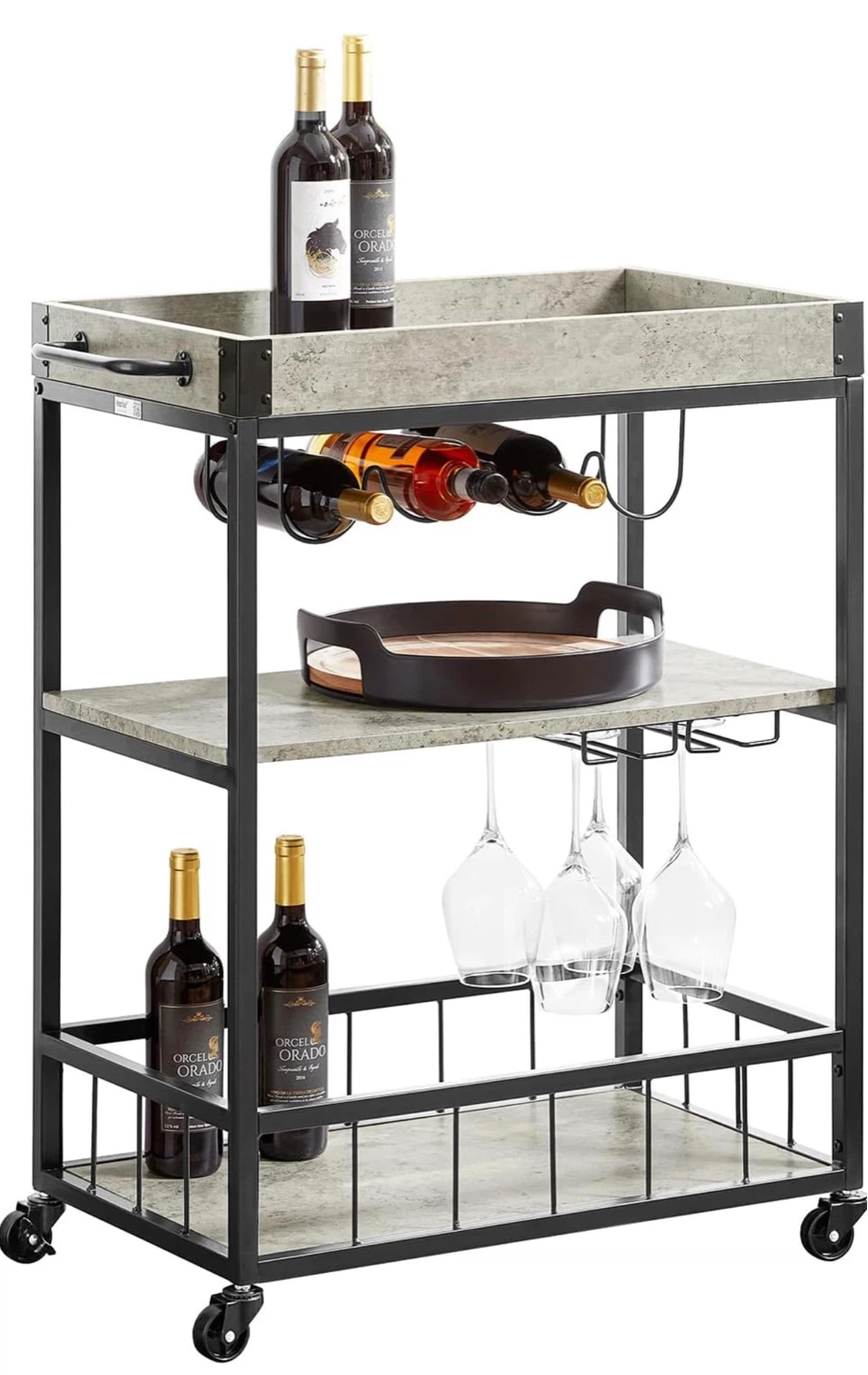 3-Tier Bar Cart with Wine Rack and Glass Holders - photo 2