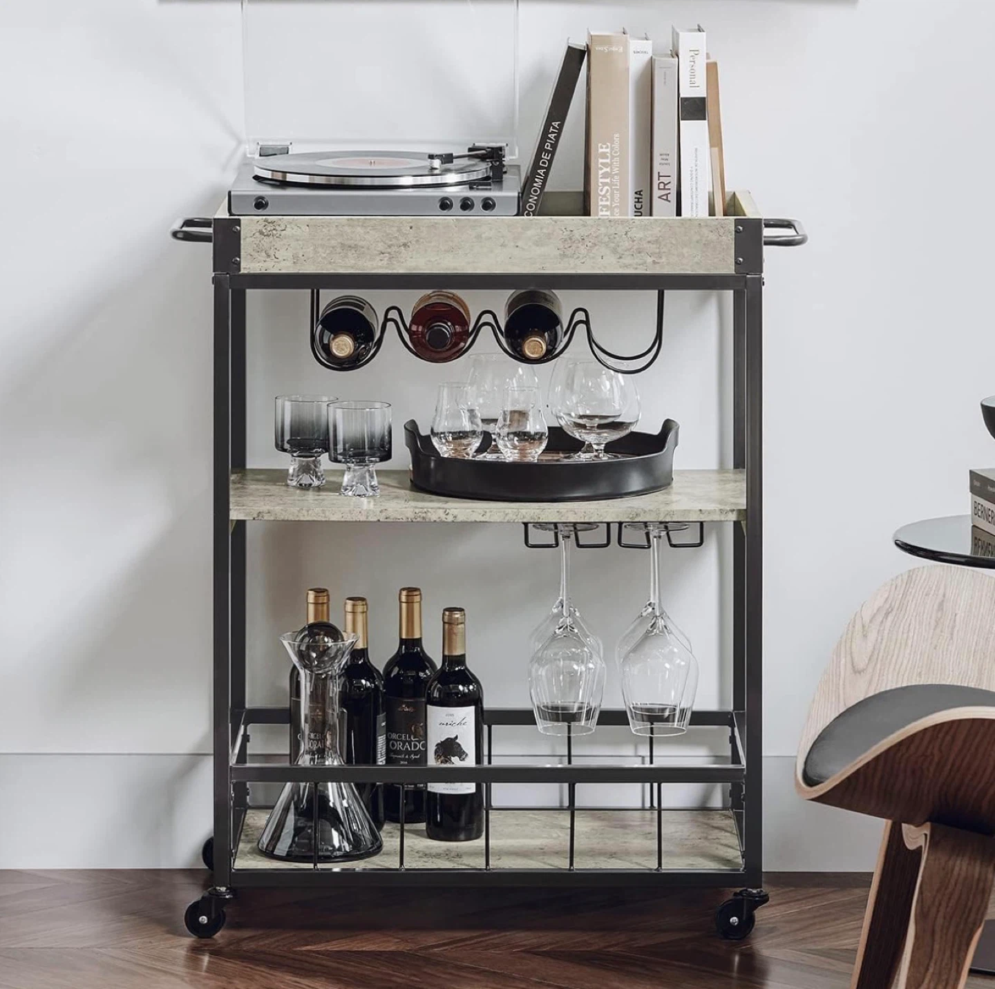 3-Tier Bar Cart with Wine Rack and Glass Holders