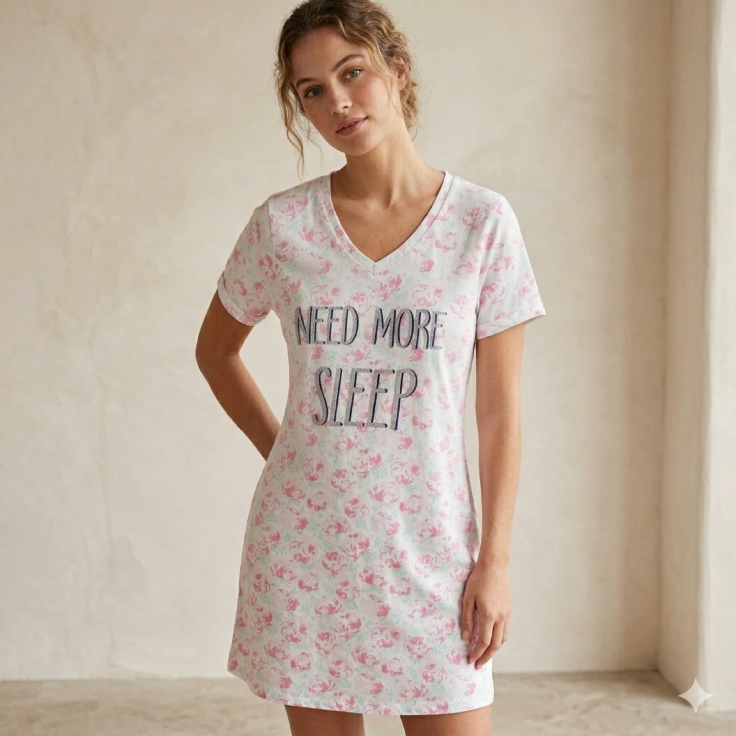 Carisma Need More Sleep Floral Nightgown Sleep Shirt Size L