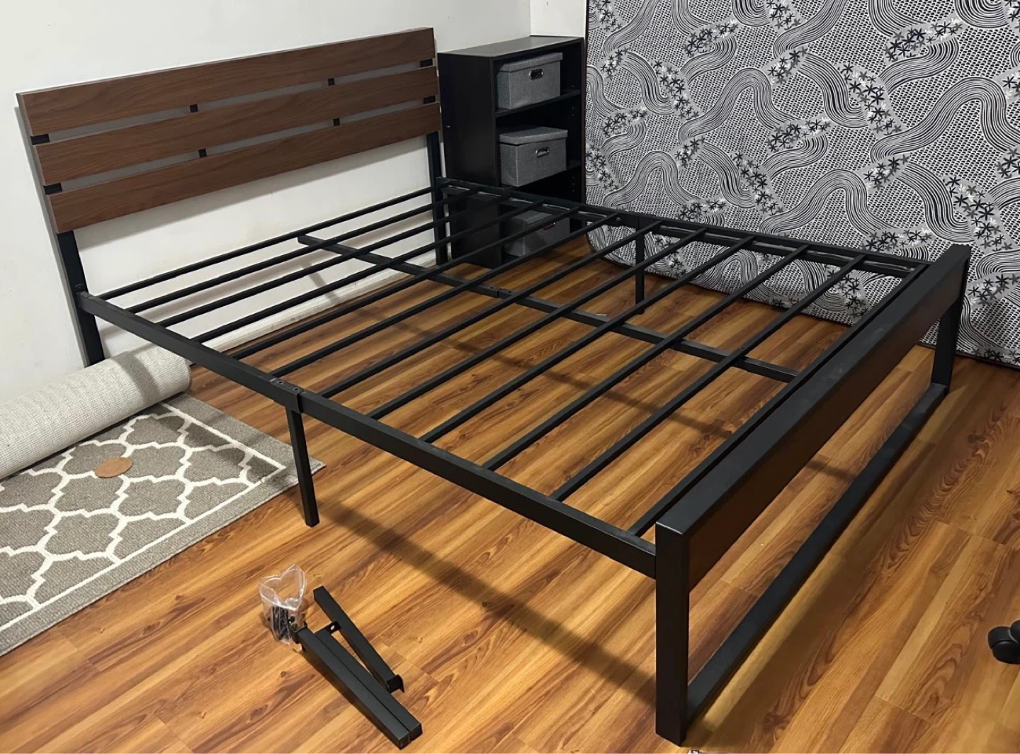 Queen Metal Bed Frame with Wooden Headboard – Good Condition