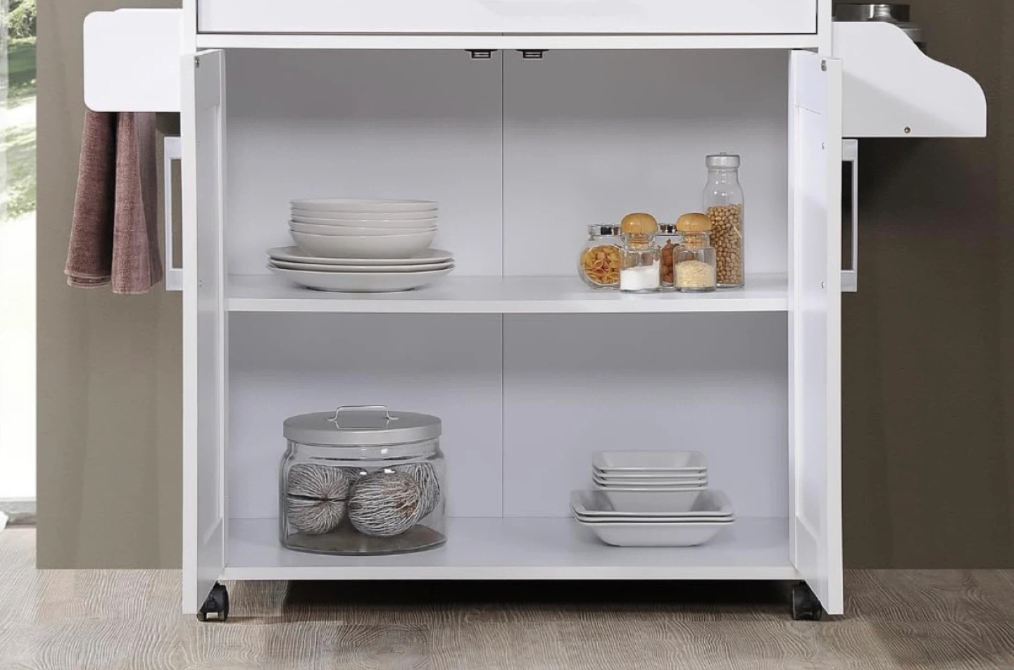 White Kitchen Cart with Spice Rack and Storage