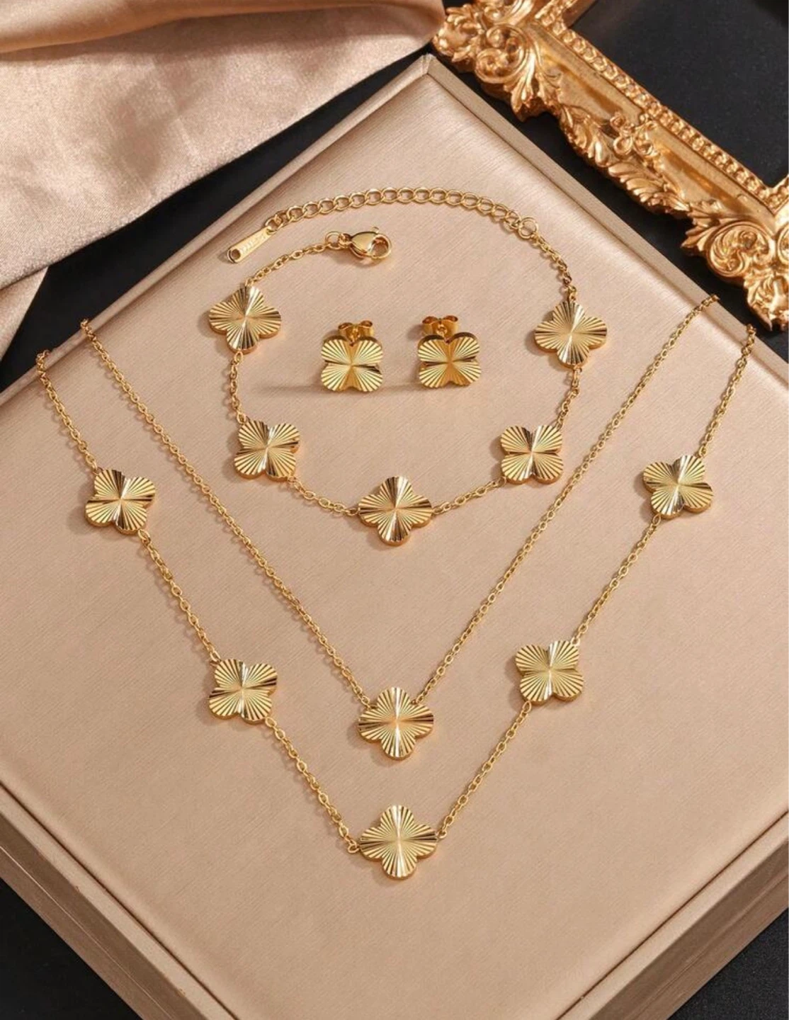 Gold Clover Necklace, earrings and Bracelet (4 piece)Set