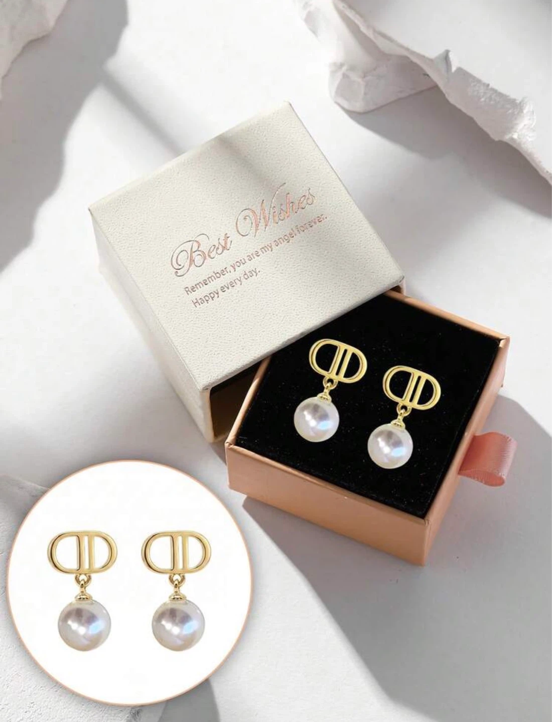 CD Gold Dangle Earrings with Pearls