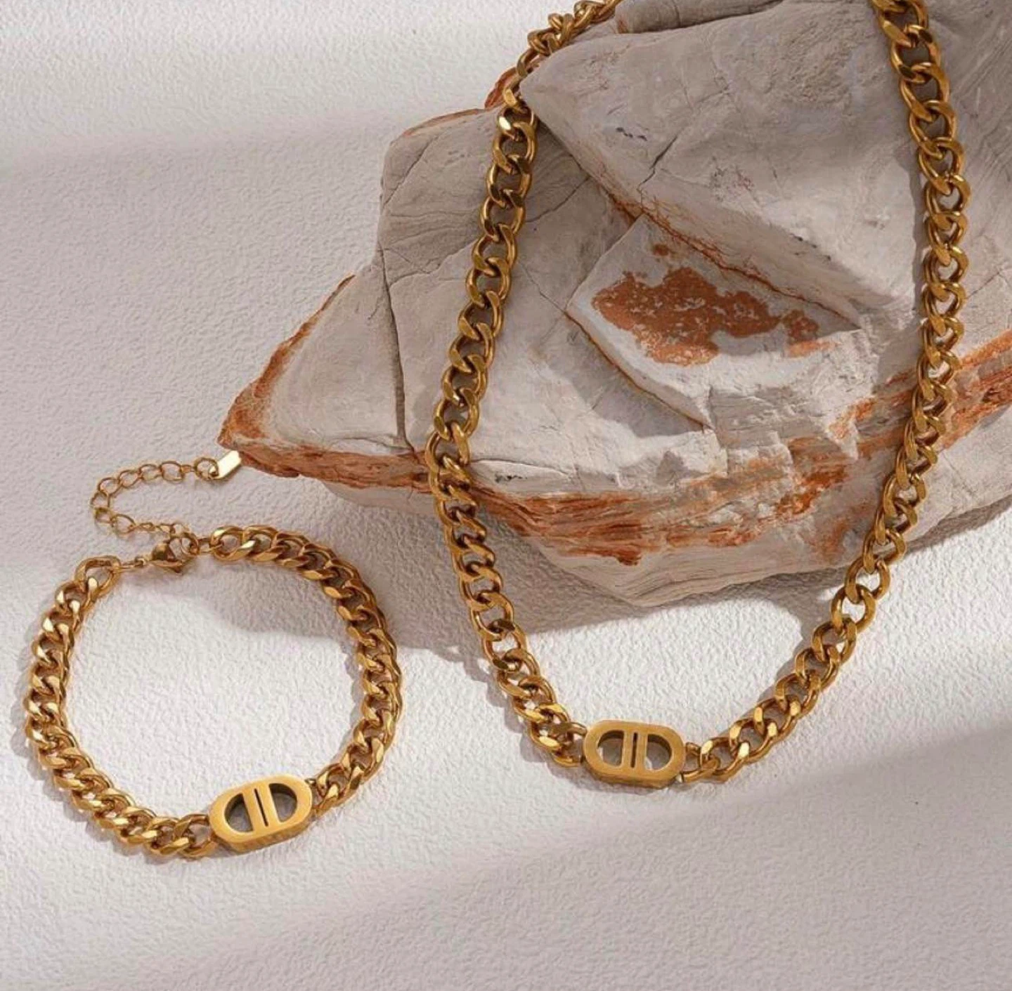 Gold Chain Necklace and Bracelet Set with CD Charm