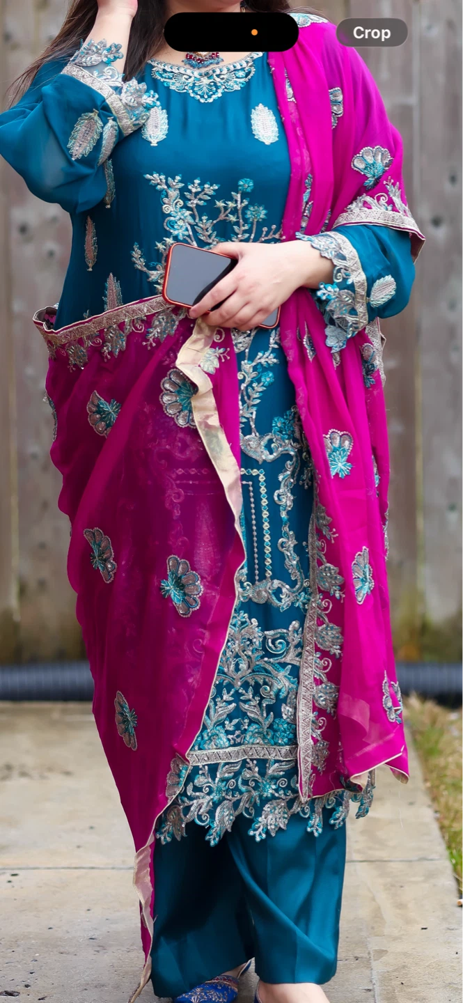 Zainab Chottani Brand Teal Embroidered Kameez with Pink Dupatta