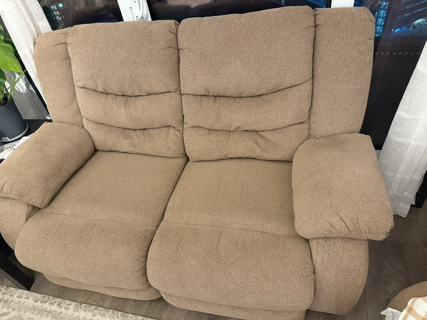 Tan Fabric Double Recliner Sofa 3 set and loveseat