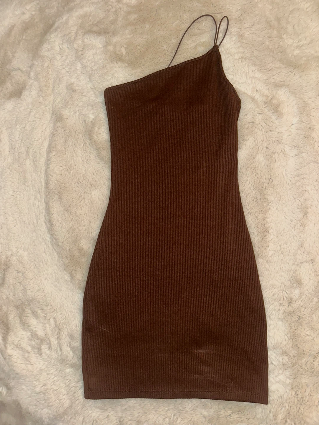 Brown One-Shoulder Ribbed Mini Dress