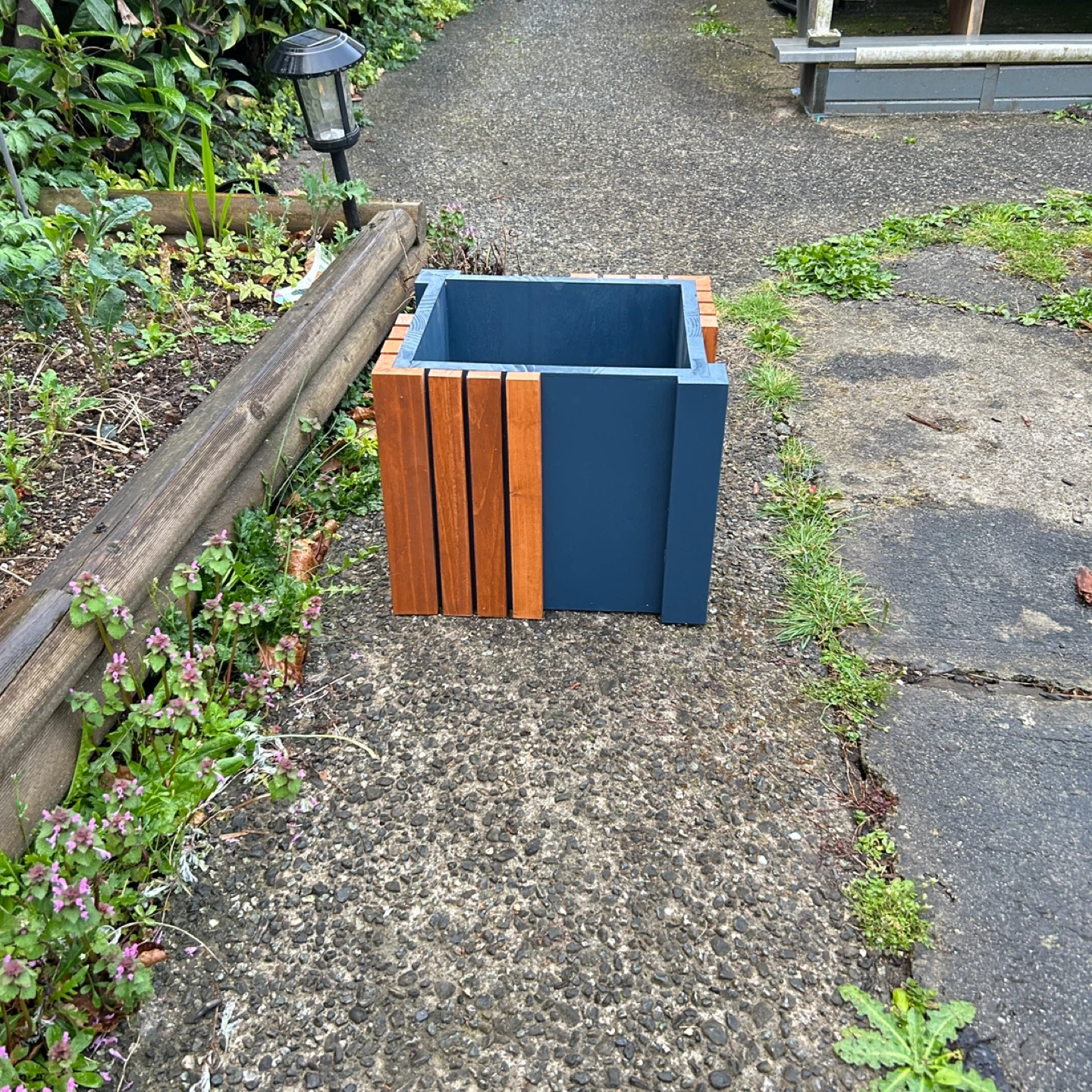 Wooden Planter Box - Blue and Natural Wood Finish