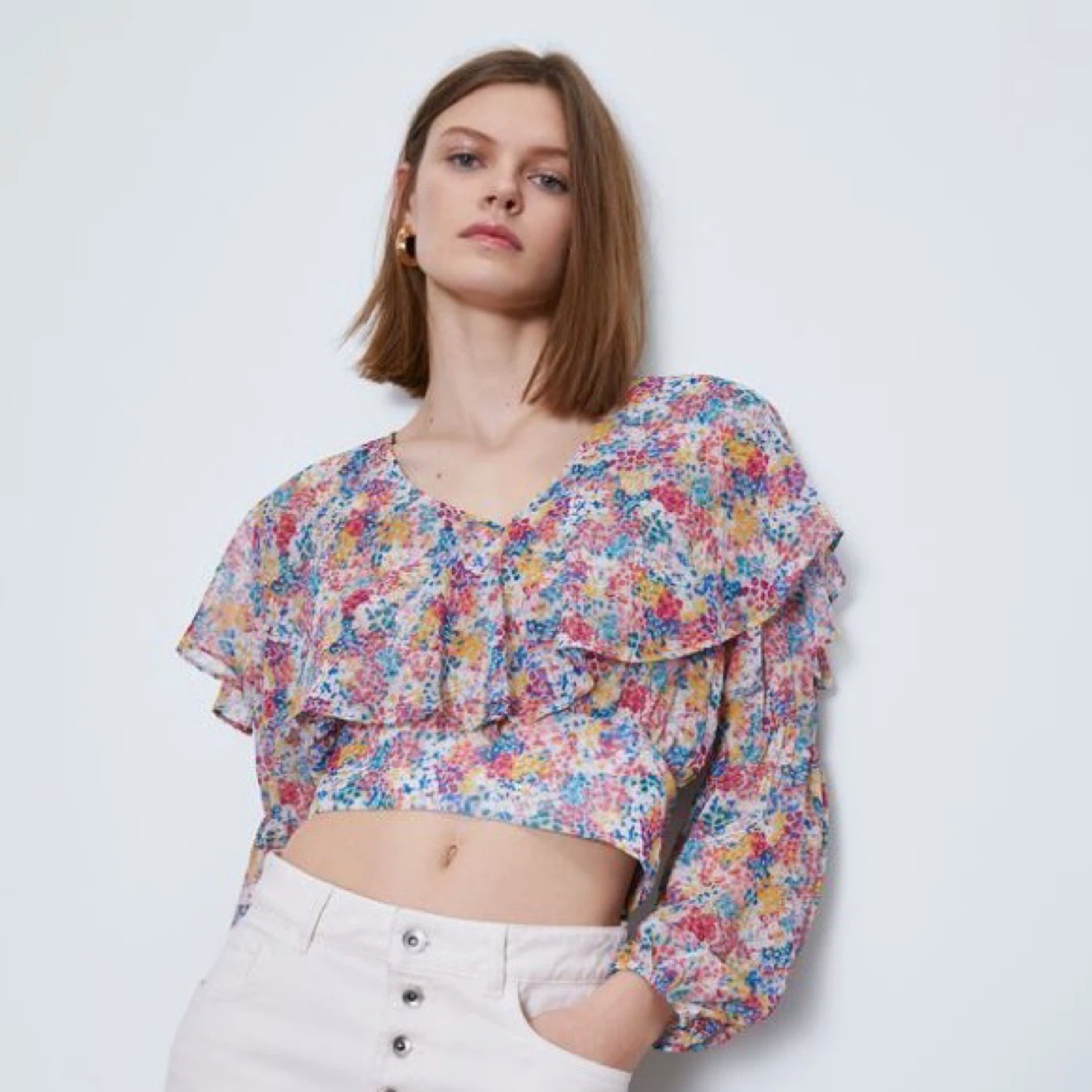 ZARA floral chiffon crop v neck blouse top XS