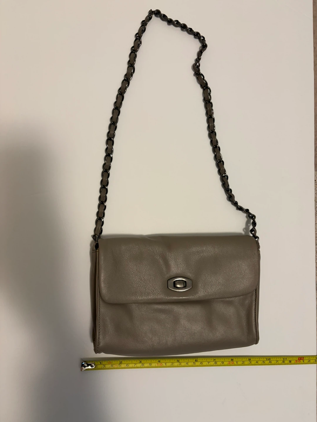 Grey Leather Shoulder Bag with Chain Strap