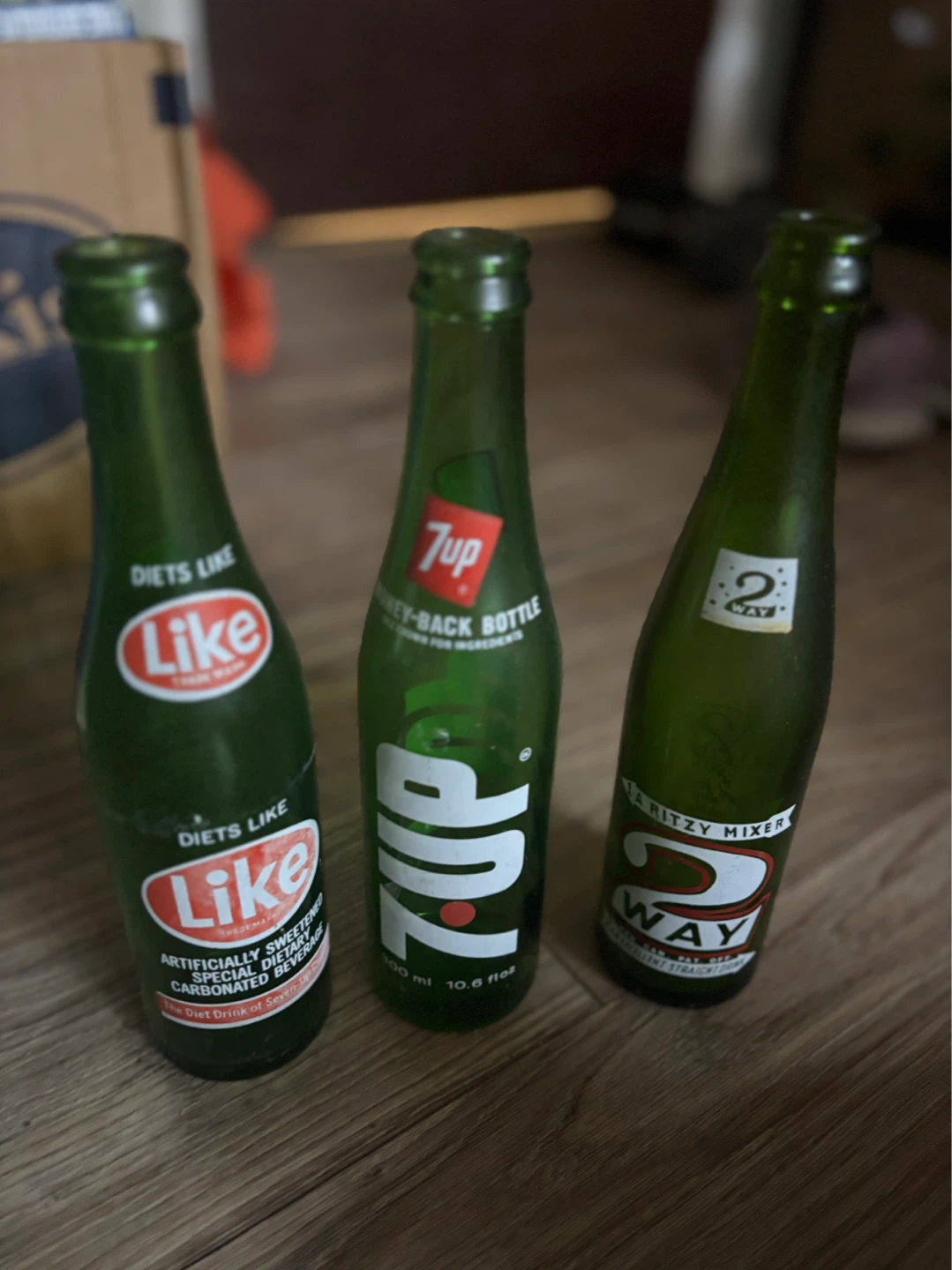 Lot of 3 Vintage Soda Bottles - 7up, Like, 2 Way