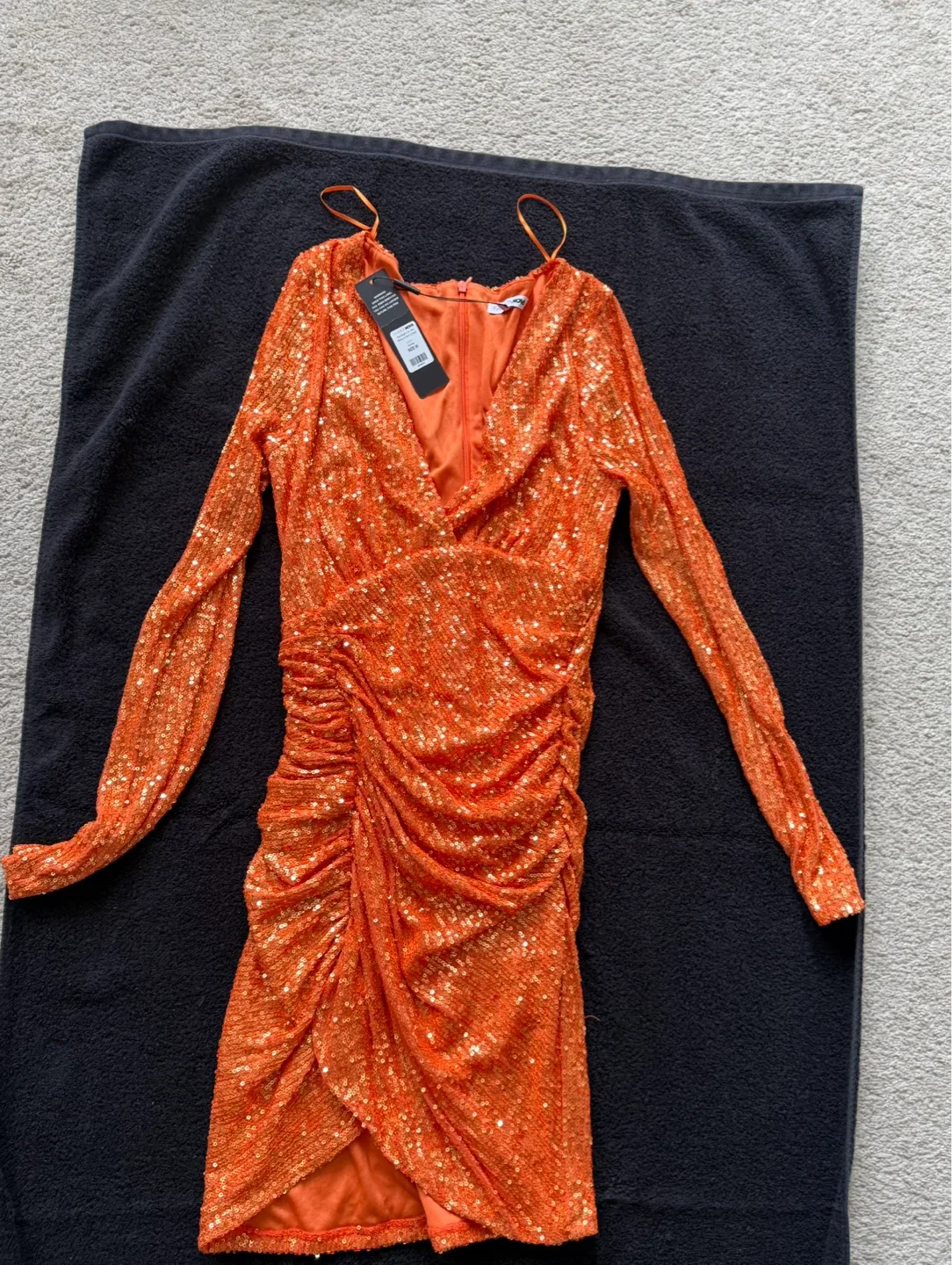 Fashion Nova Orange Sequin Ruched Midi Dress