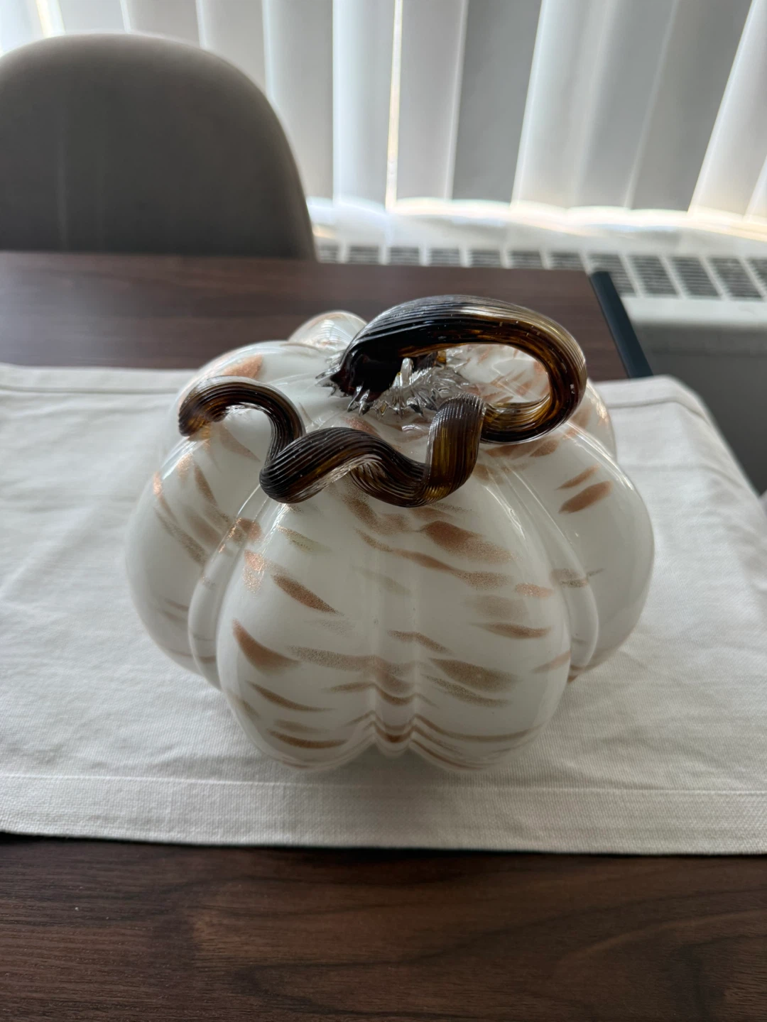 White Glass Pumpkin with Copper Swirls