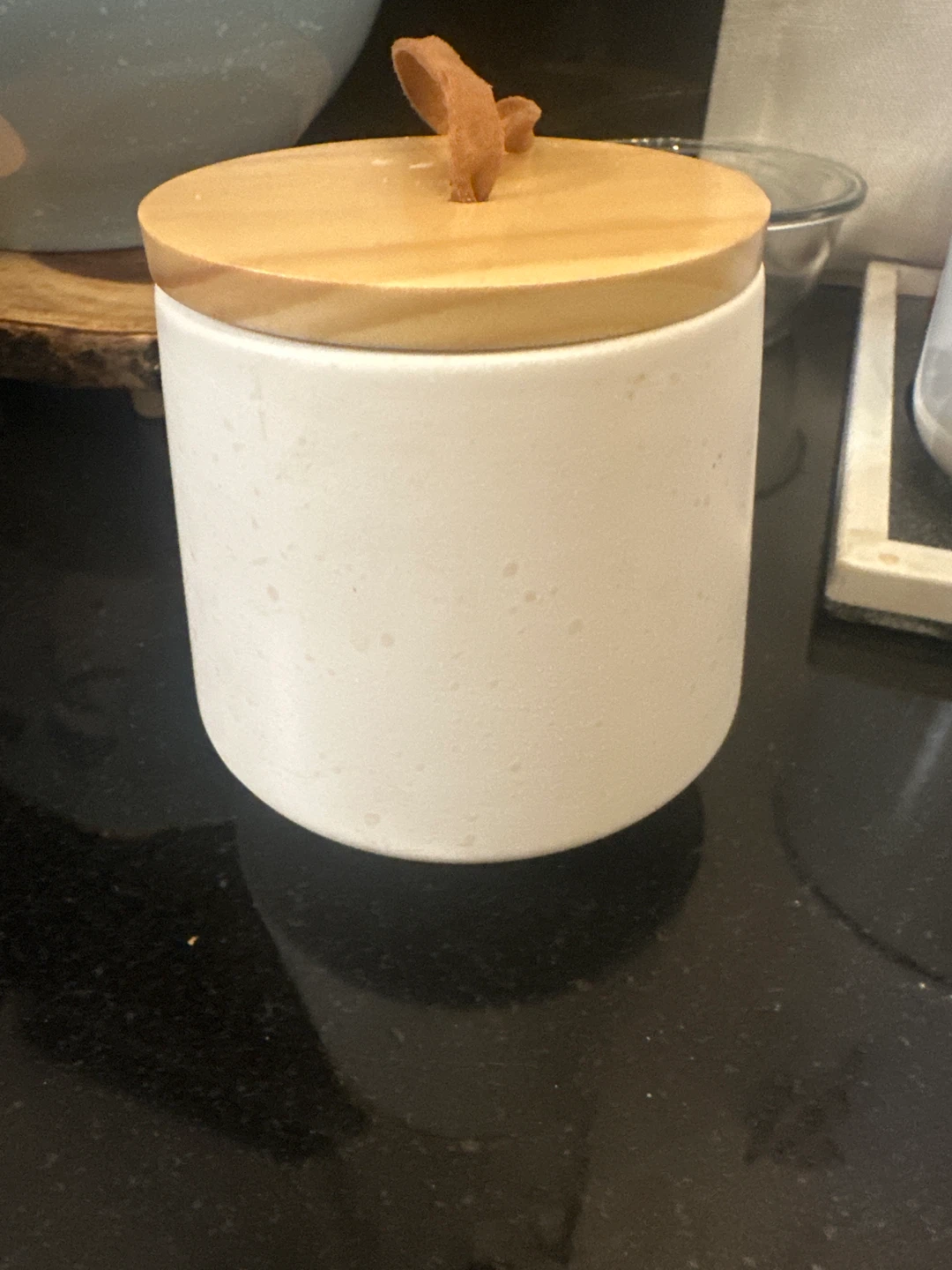 White Earthenware Canister with Wooden Lid