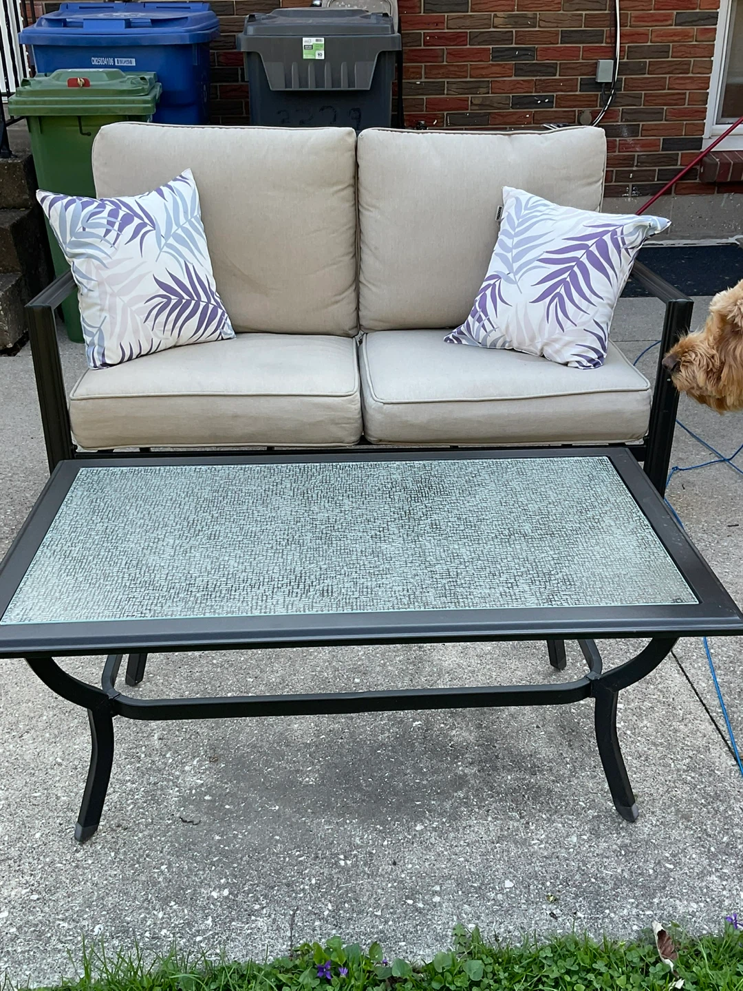 Outdoor loveseat and coffee table set with glass top