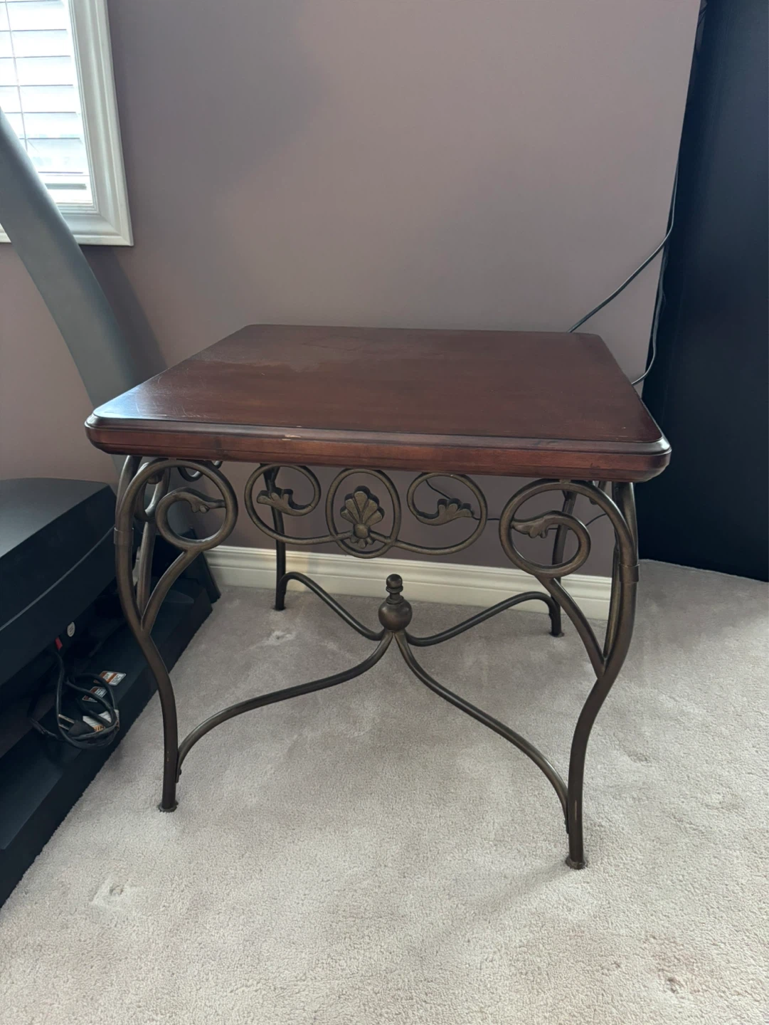 Wooden Top End Table with Ornate Metal Base