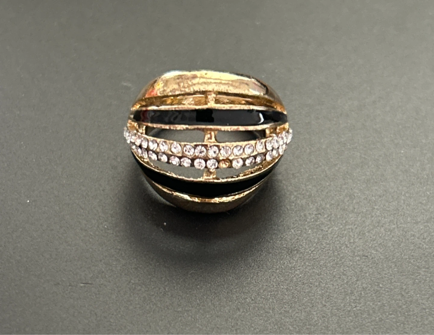 Gold Tone Ring with Black Enamel and Crystals