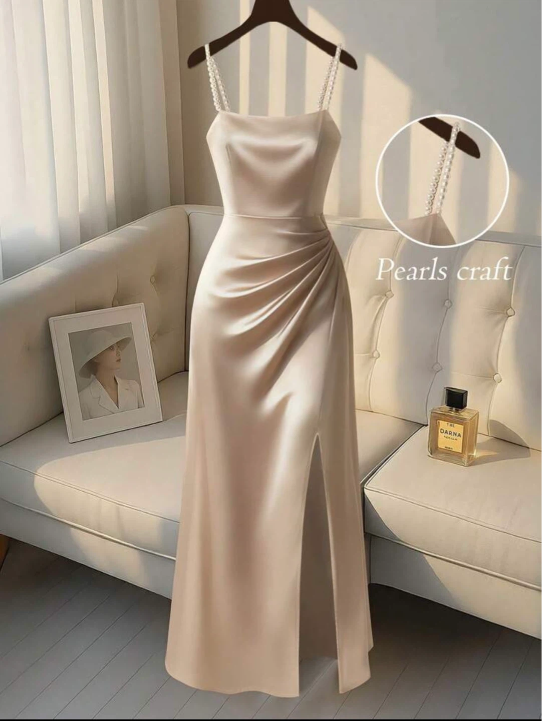 Elegant Beige Satin Dress with Pearl Straps