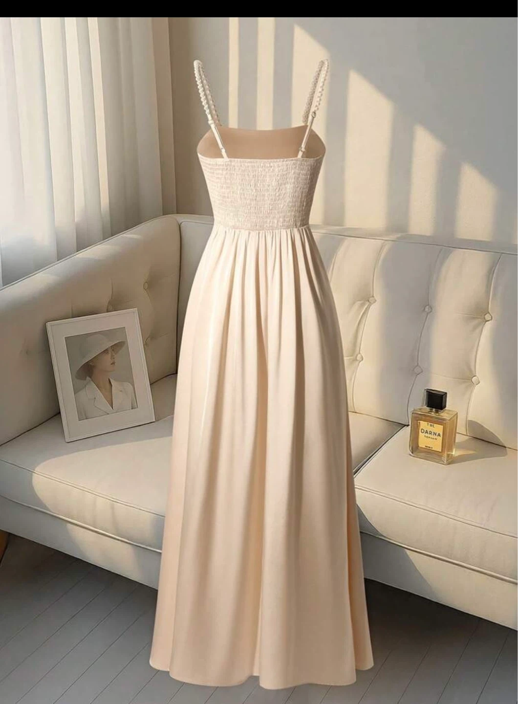 Elegant Beige Satin Dress with Pearl Straps - photo 2