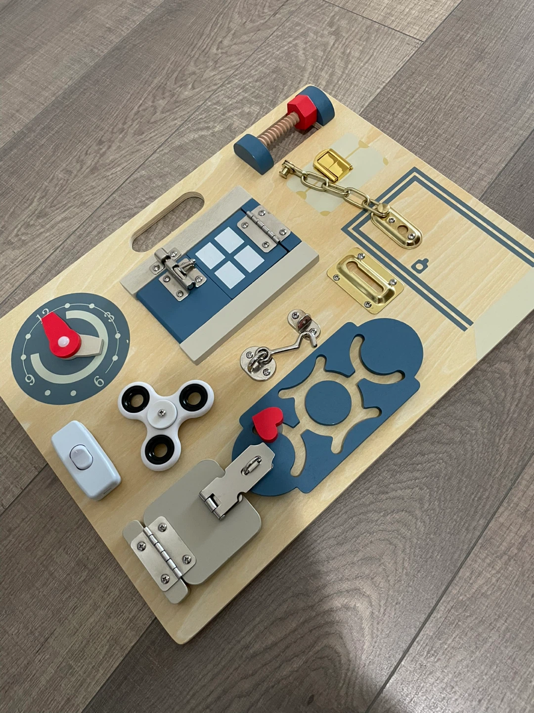 Wooden Busy Board with Locks and Spinner