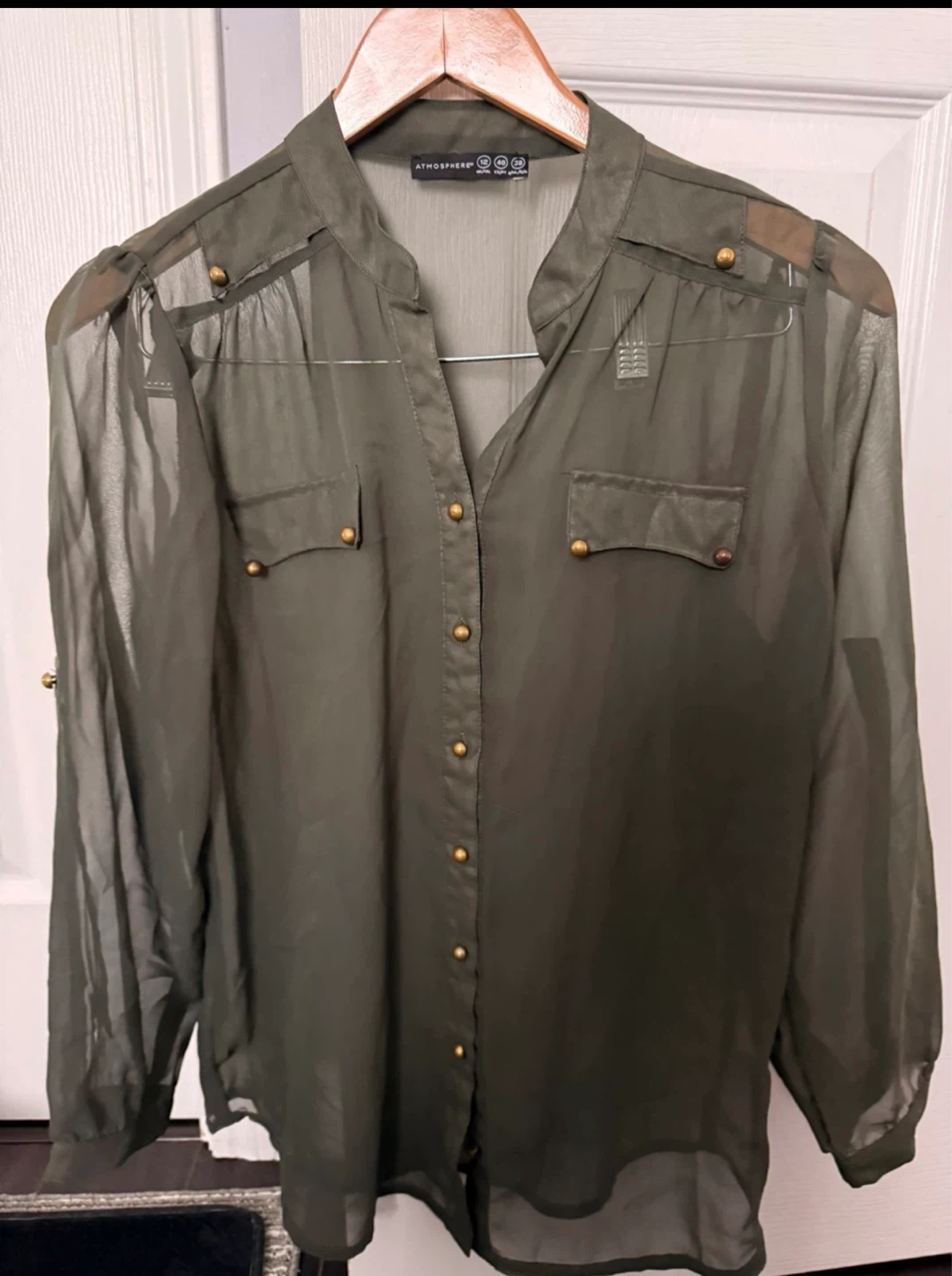 Olive Green Sheer Button-Up Blouse - Atmosphere - photo 3