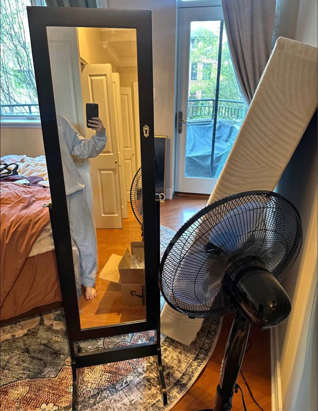 Standing Jewelry Armoire with Mirror - Black