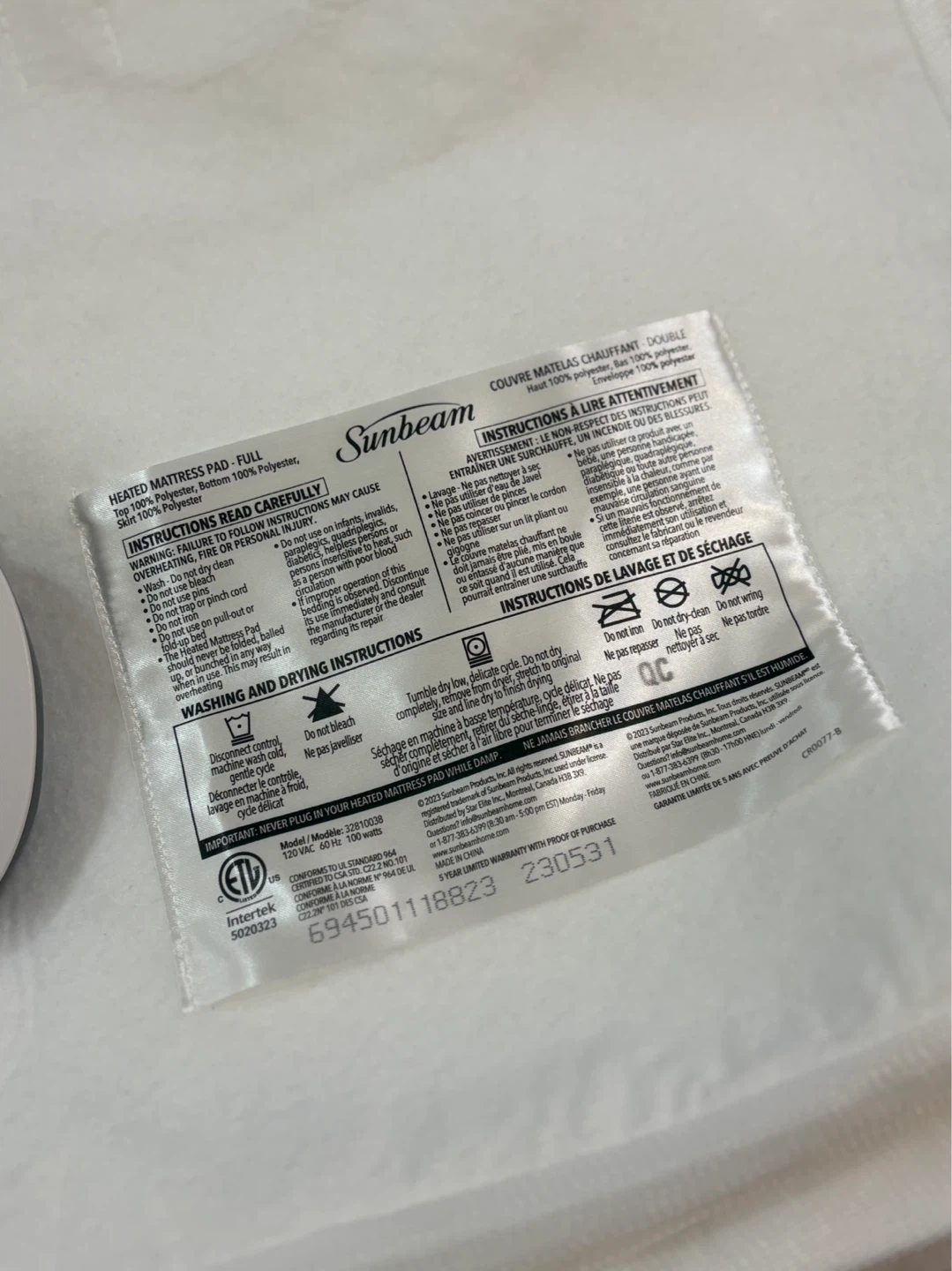 Sunbeam Heated Electric Mattress Pad - Full Size🌱 - photo 3