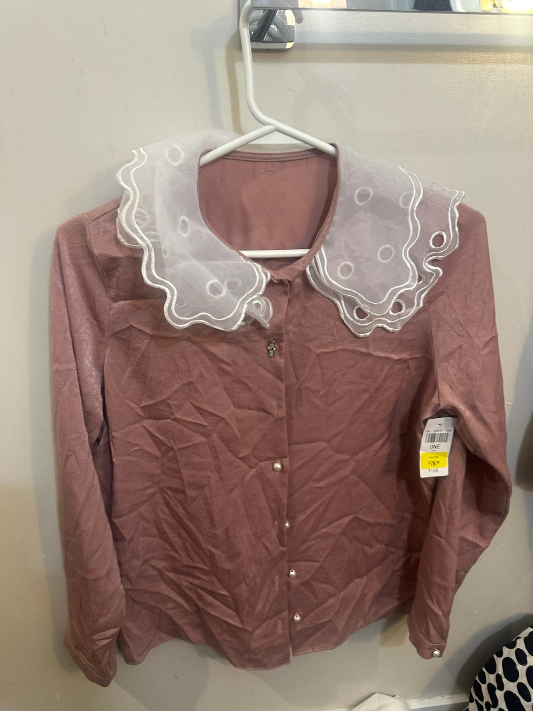 Pink Velour Button-Up Blouse with Sheer Collar NEW tags on