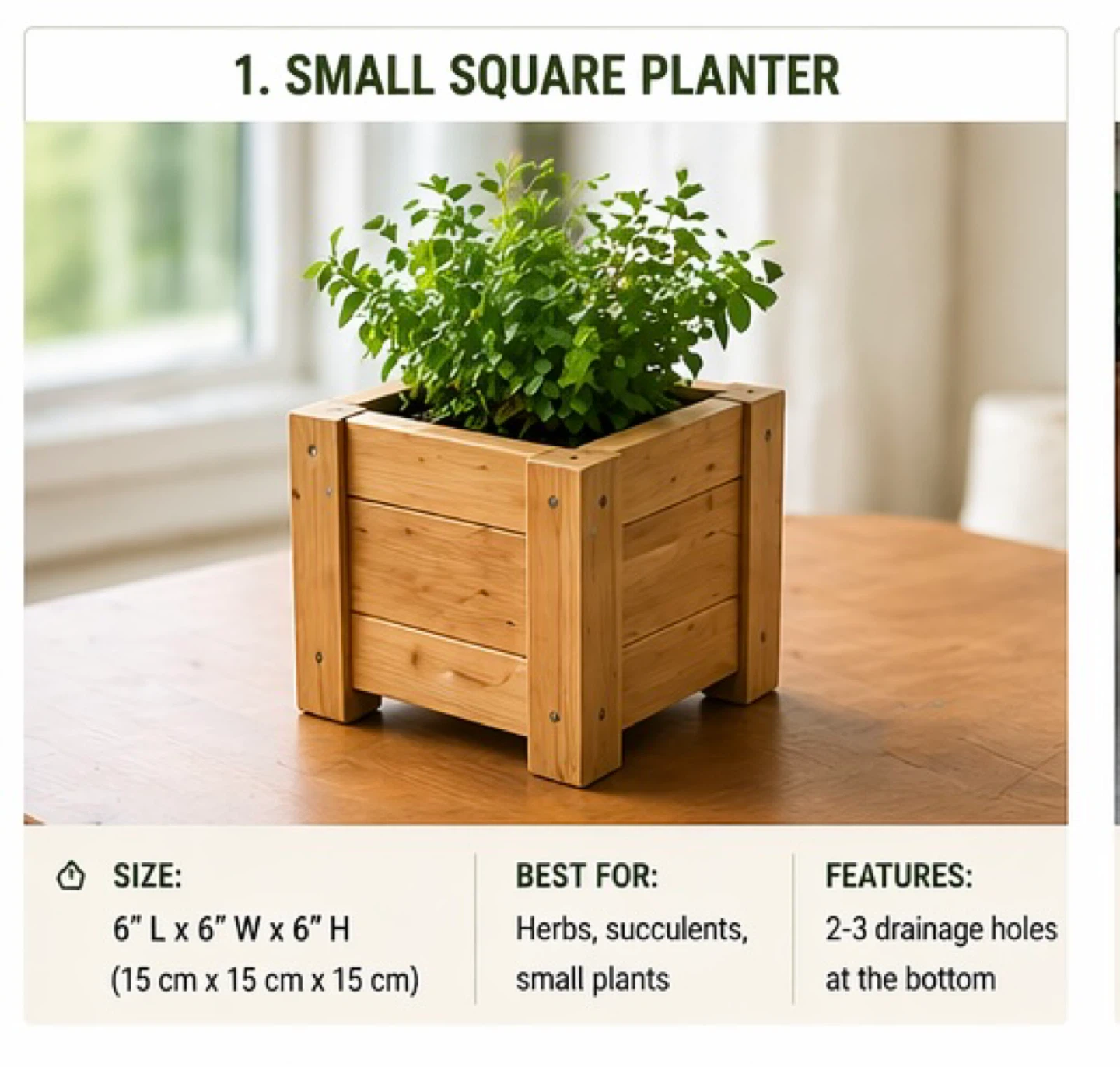 Small Square Wood Planter 6" L x 6" W x 6" H