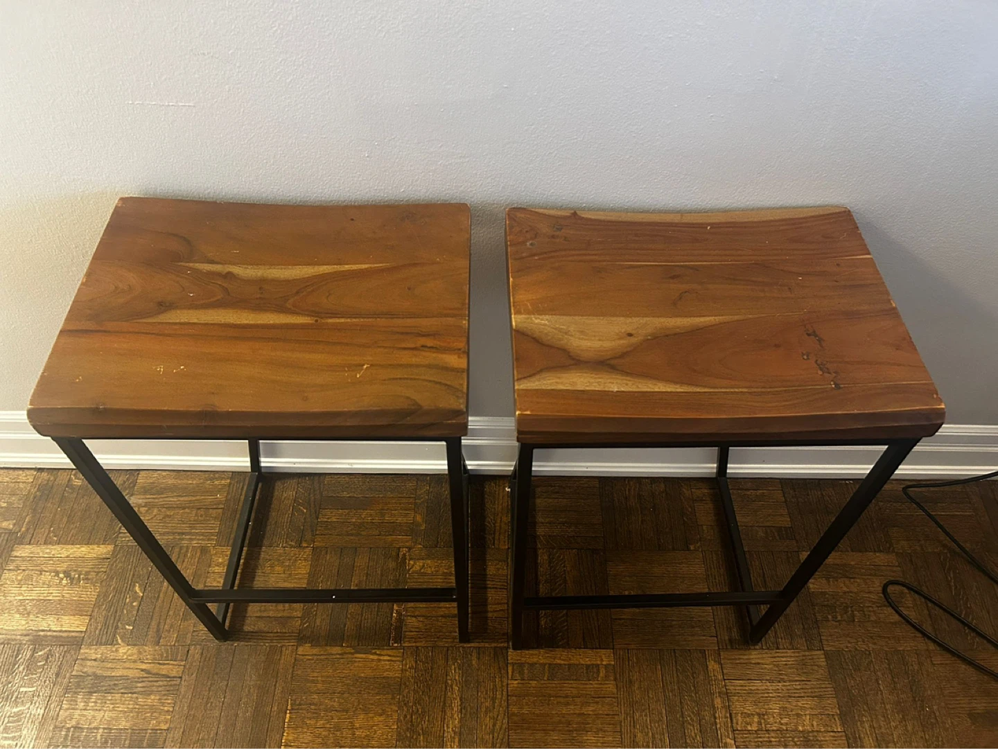 Set of 2 Wooden Bar Stools with Black Metal Legs