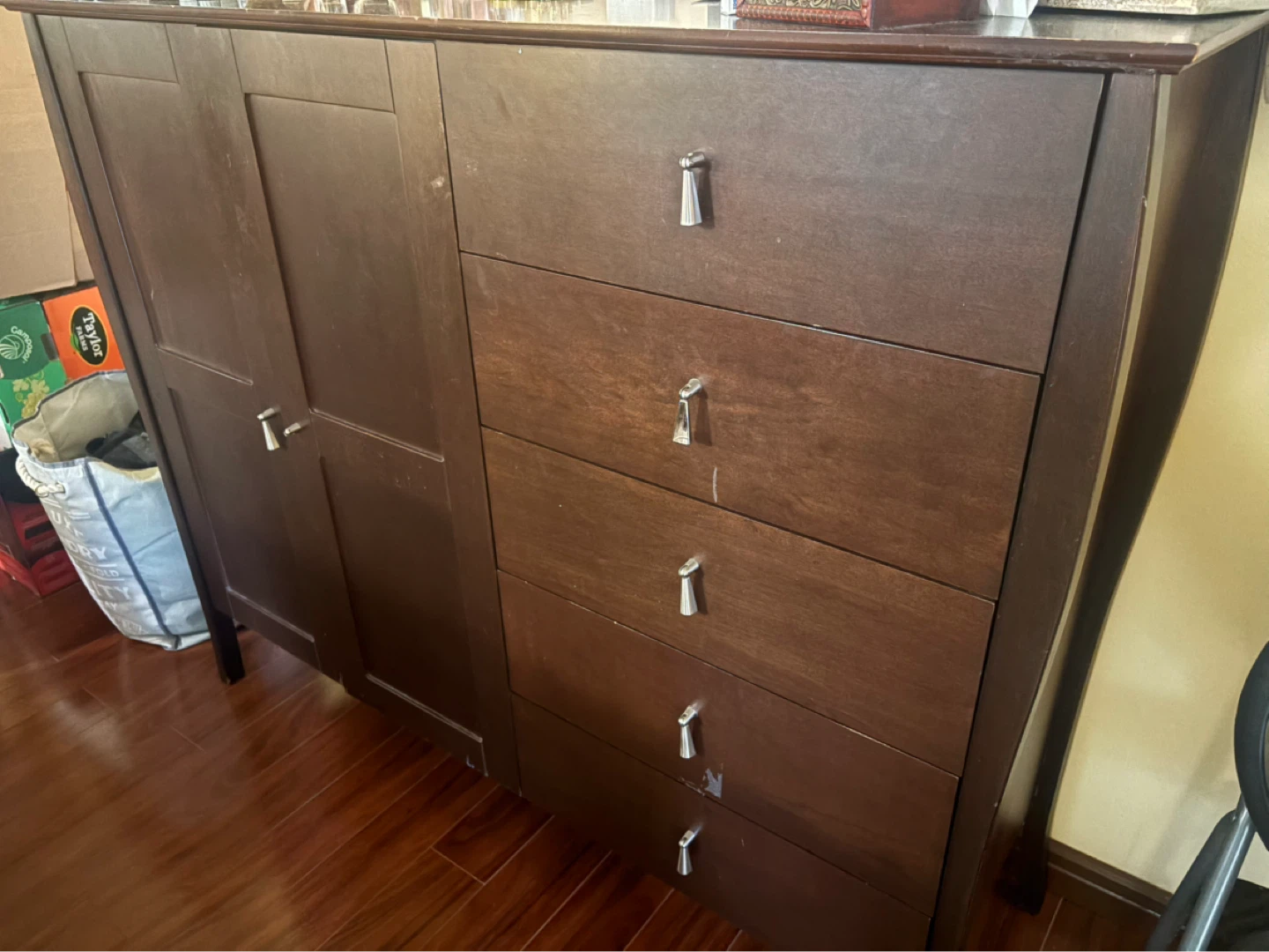 Dark Wood Dresser with 5 Drawers and Cabinet