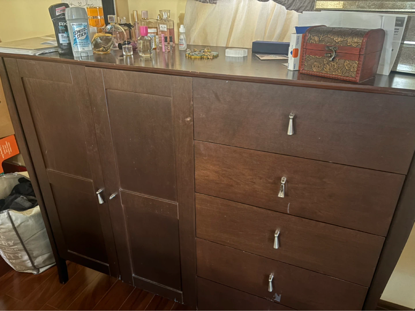 Dark Wood Dresser with 5 Drawers and Cabinet - photo 2
