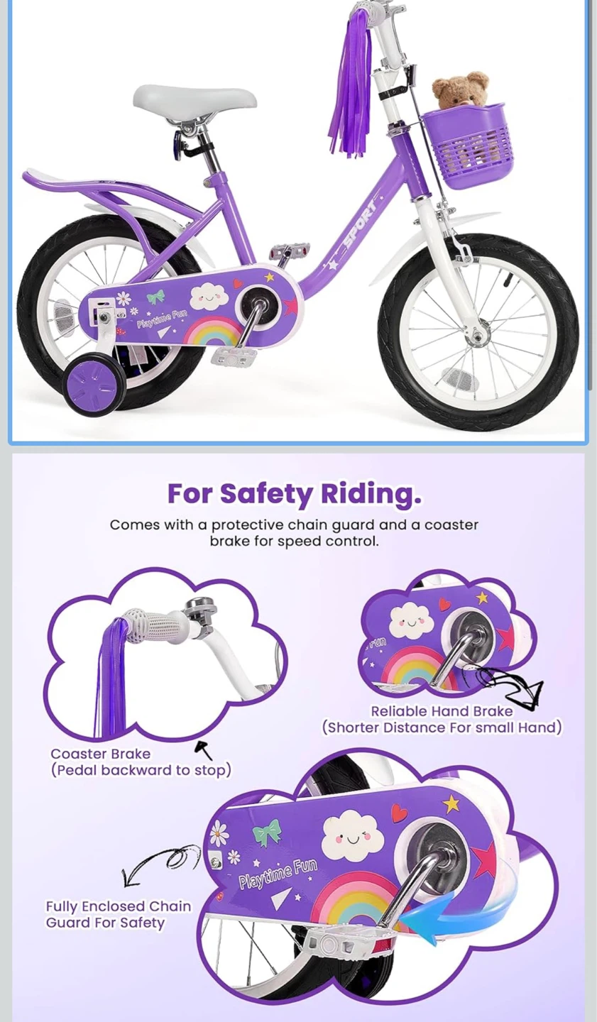 Kids Purple Bike with Basket and Training Wheels - photo 2